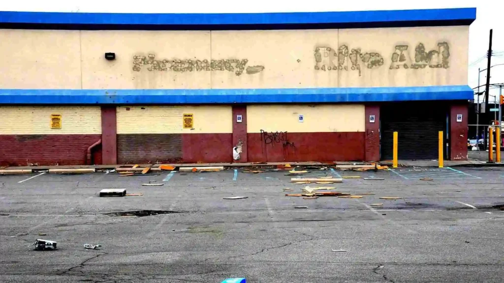 An abandoned and boarded-up former Rite Aid location