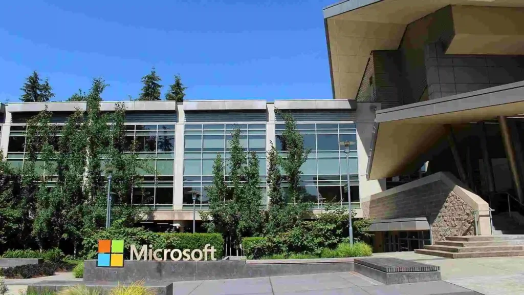 Microsoft building exterior with the company logo