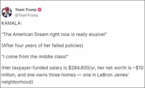 Trump Post on the Truth Network About Kamala's Net Worth and Salary