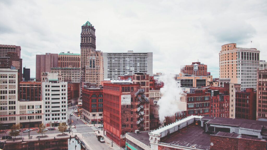 A bird’s eye view of old buildings seen in downtown Detroit.