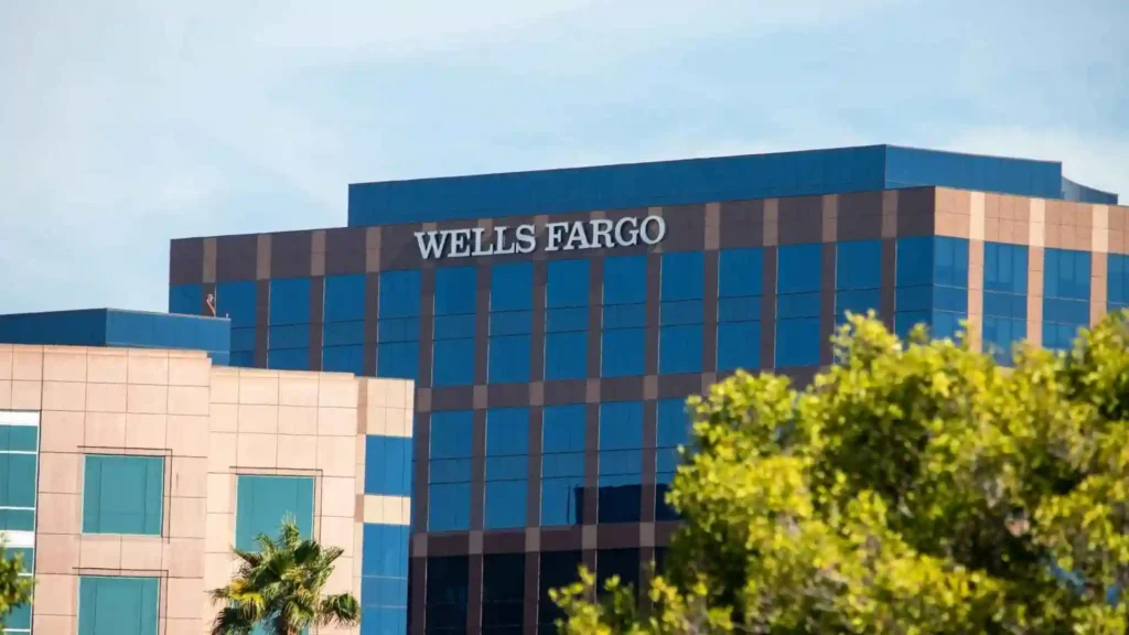 An exterior view of a tall Wells Fargo building.